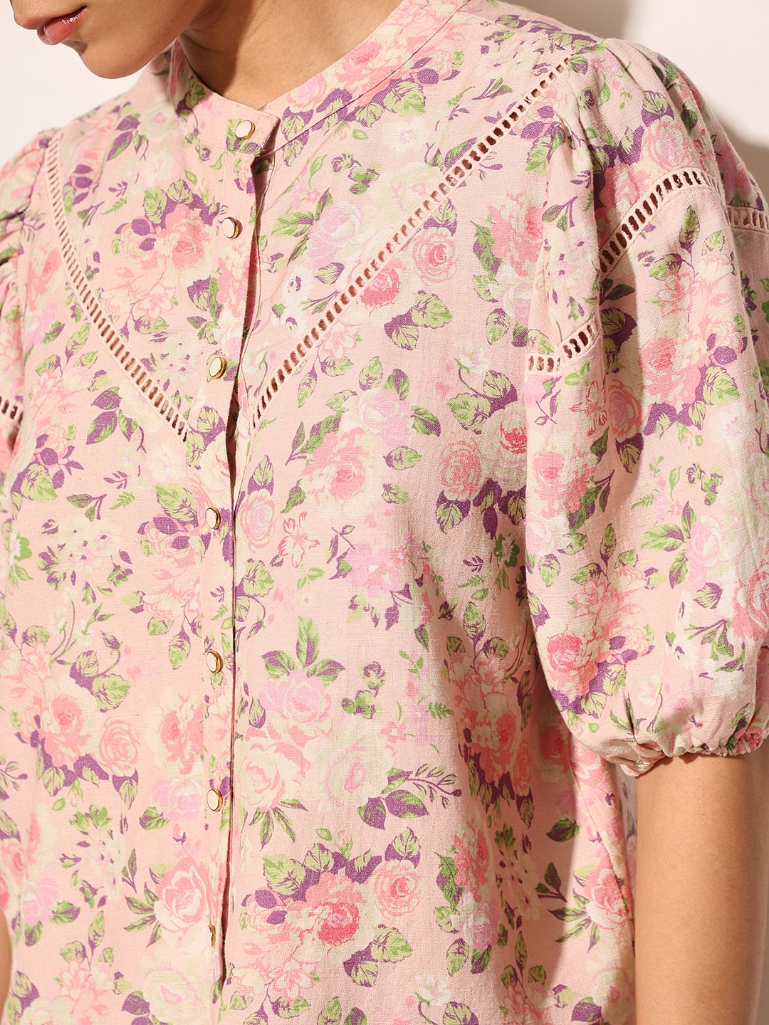 Pink Floral Puff Sleeves Top