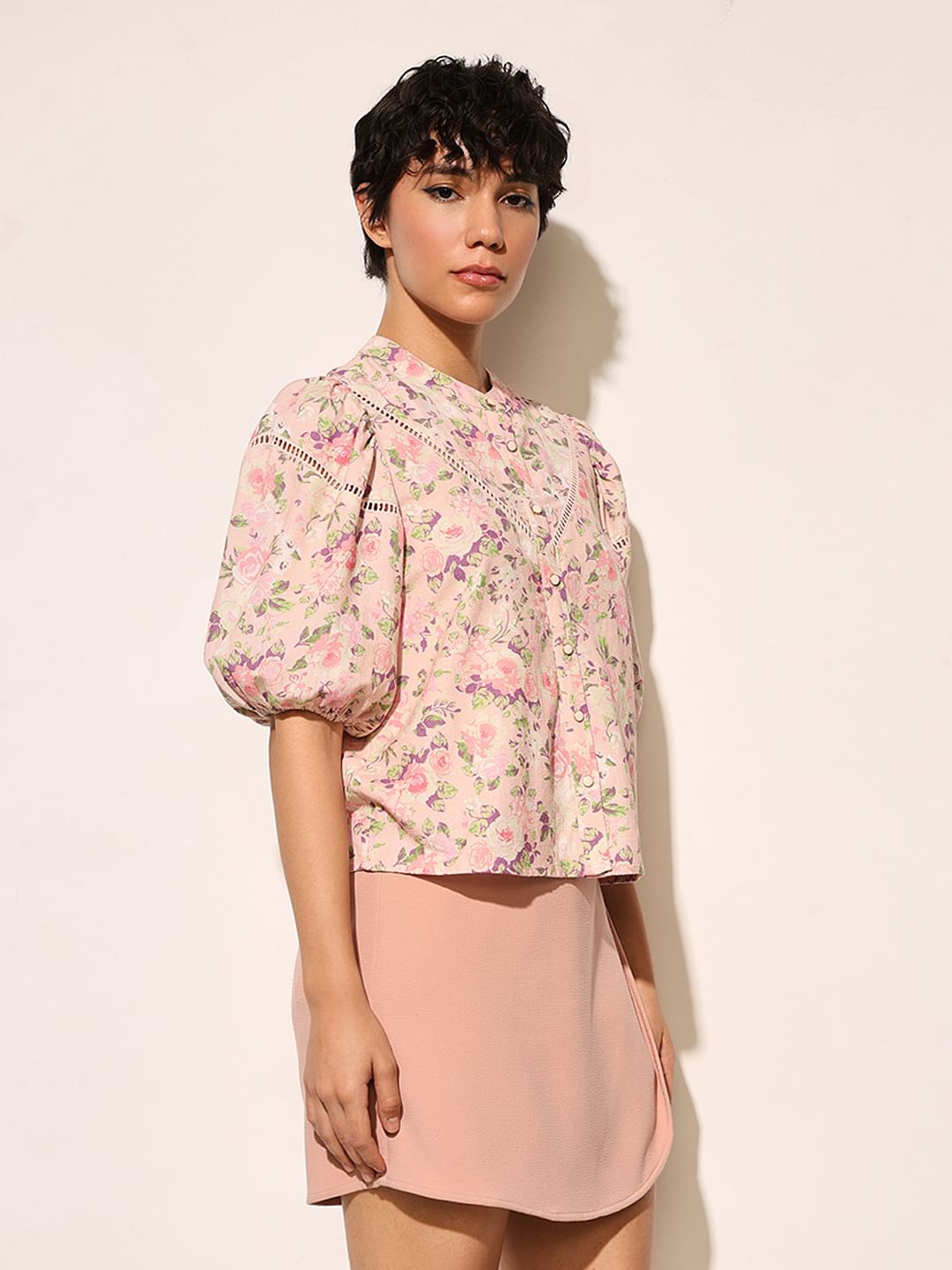 Pink Floral Puff Sleeves Top