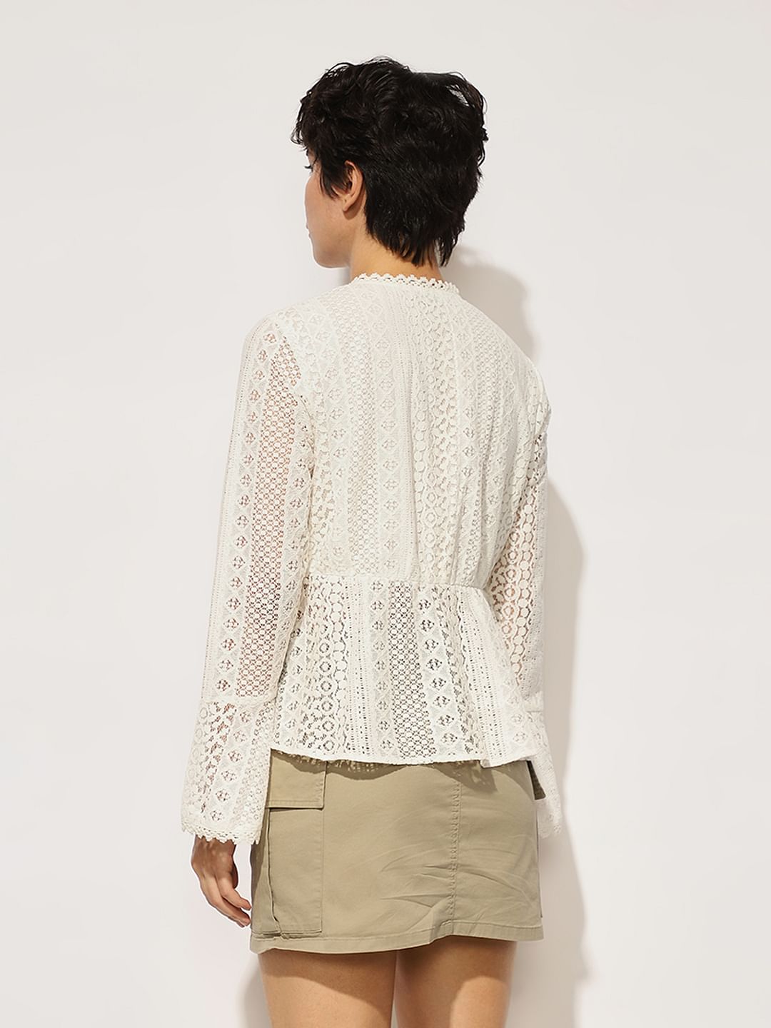 White Frill Trim Lace Peplum Top