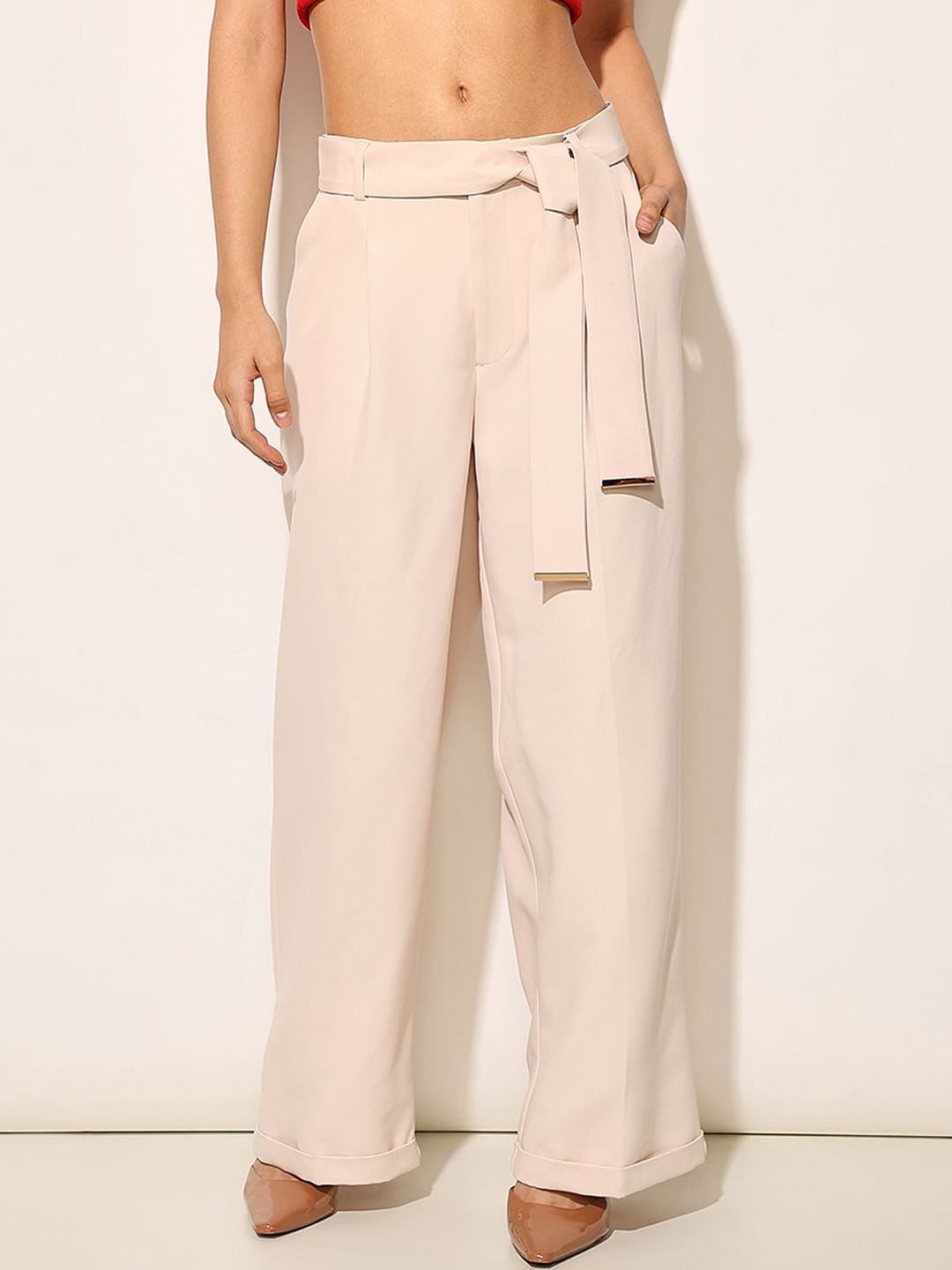 Beige Tie Belt Formal Pants