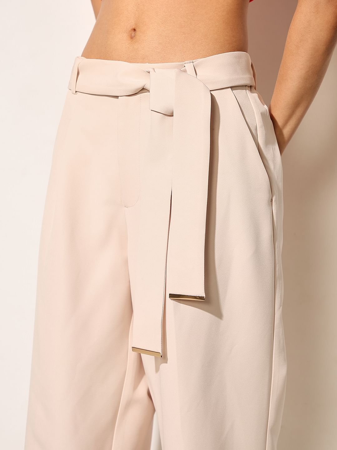 Beige Tie Belt Formal Pants