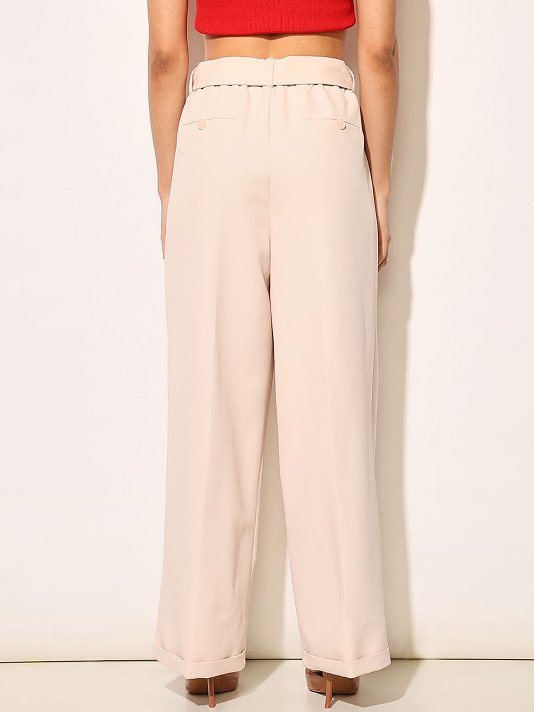 Beige Tie Belt Formal Pants
