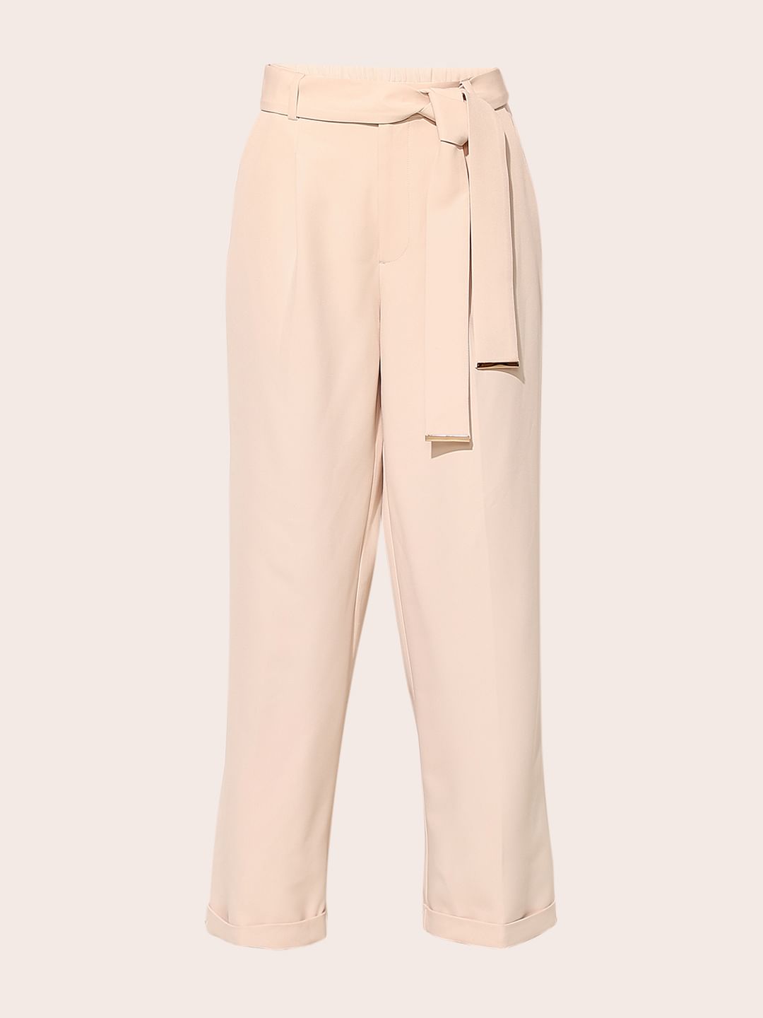 Beige Tie Belt Formal Pants