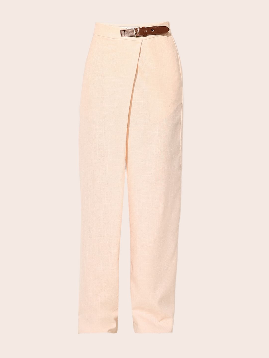 Beige High Rise Belted Pants