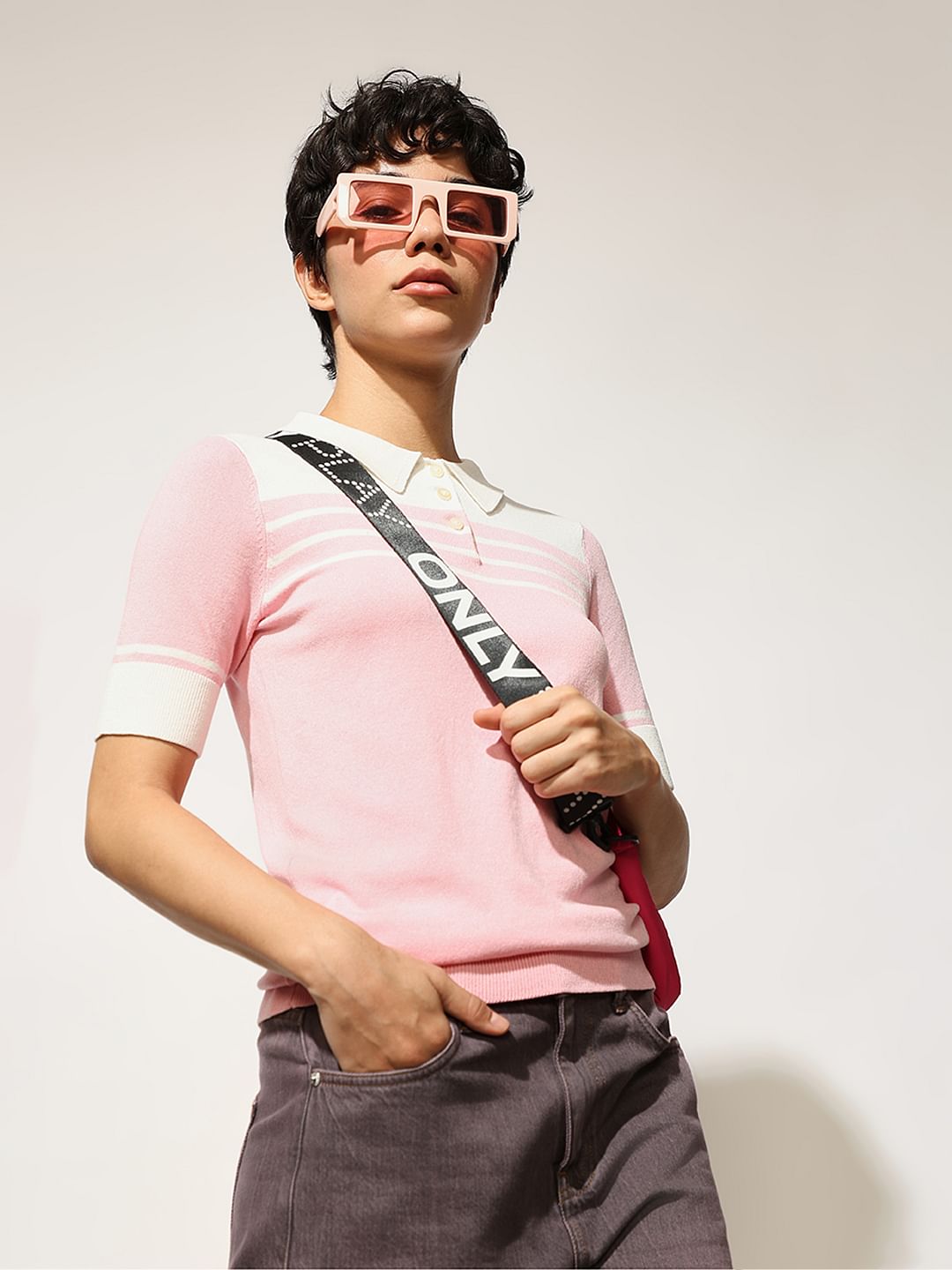 Pink Knitted Colourblocked Polo