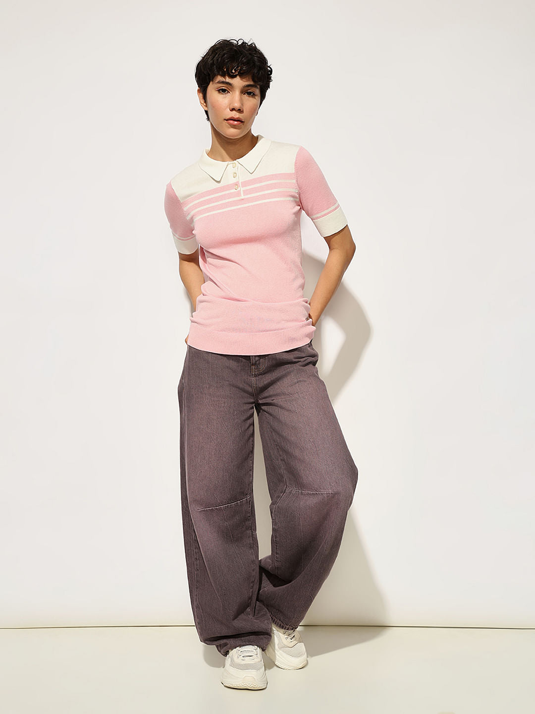 Pink Knitted Colourblocked Polo