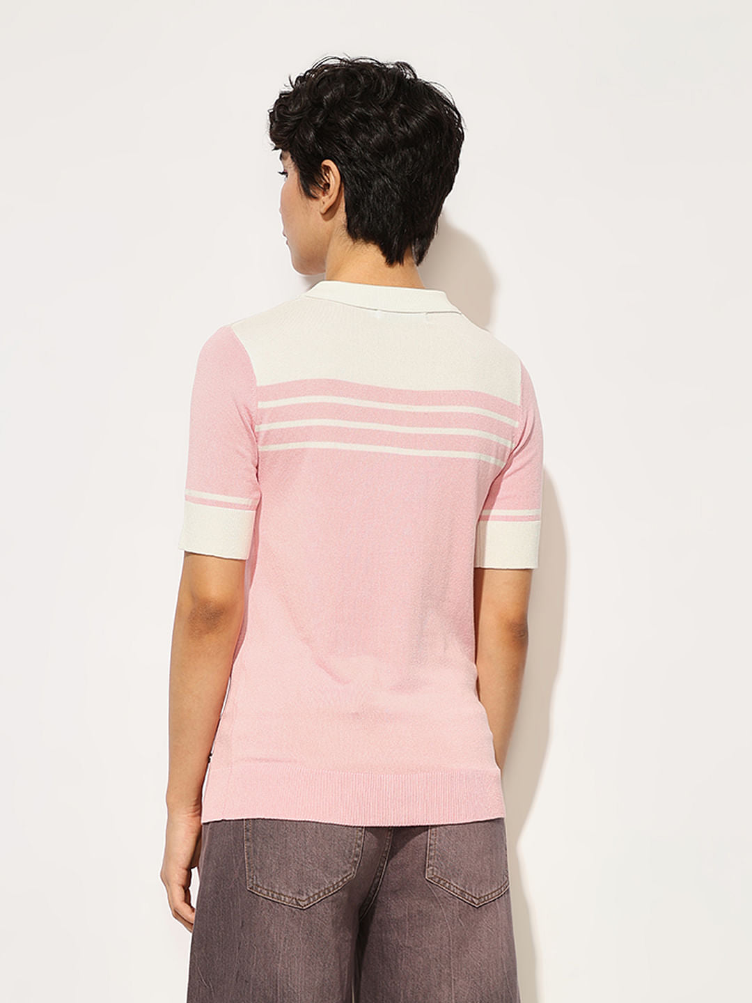 Pink Knitted Colourblocked Polo