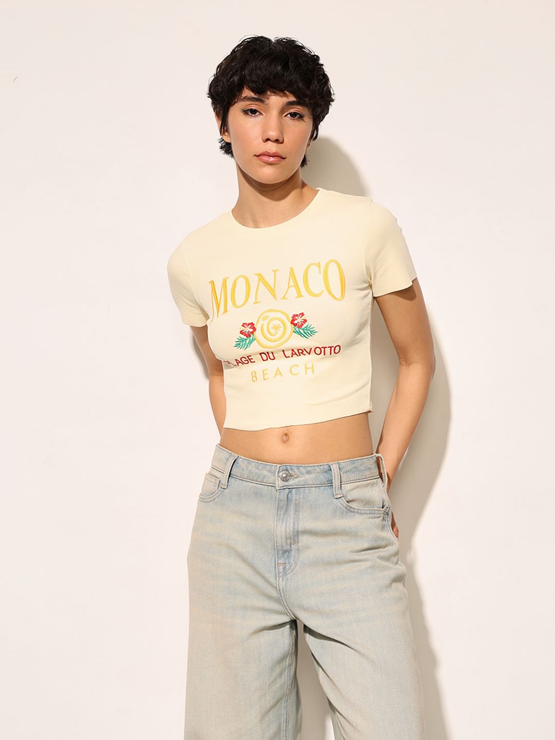 Yellow Ribbed Cropped T-Shirt