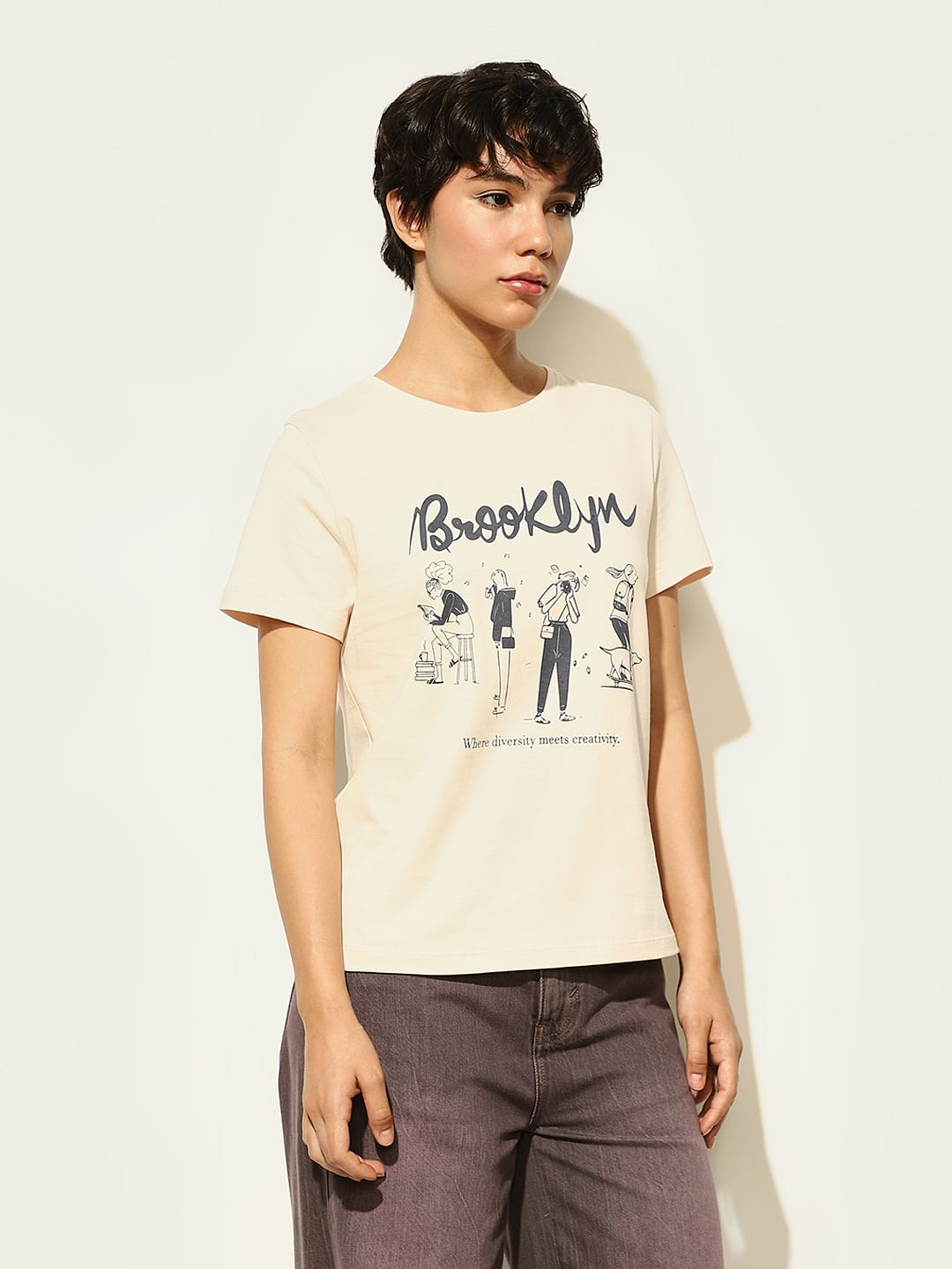 Beige Printed Cotton T-Shirt