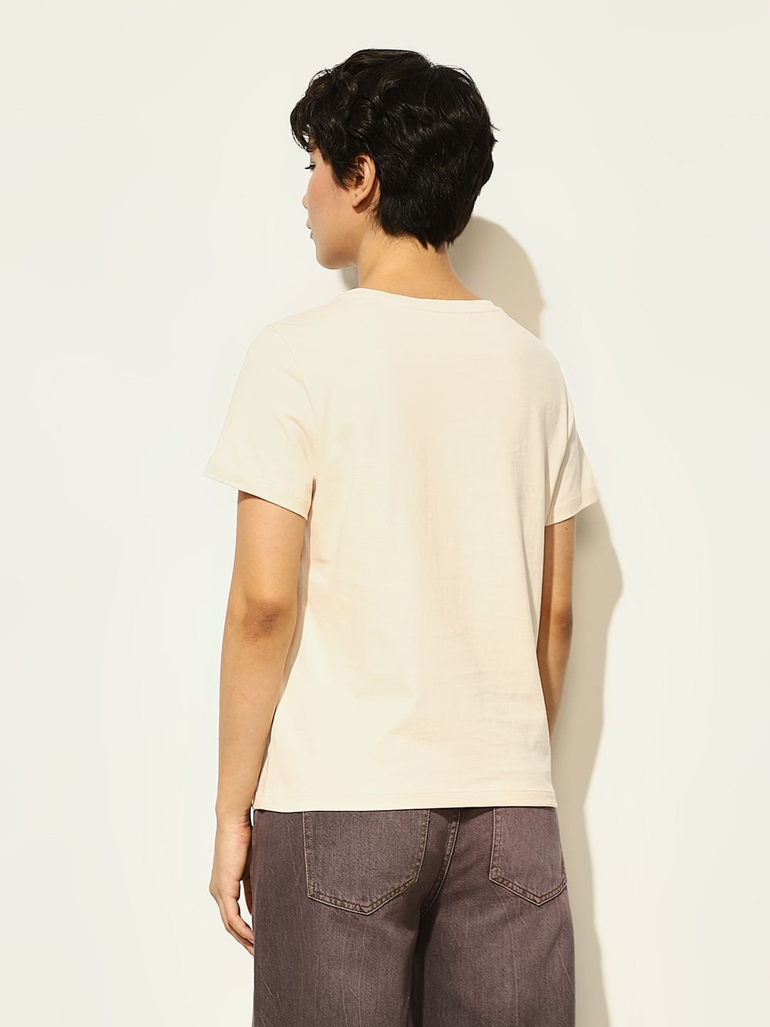 Beige Printed Cotton T-Shirt