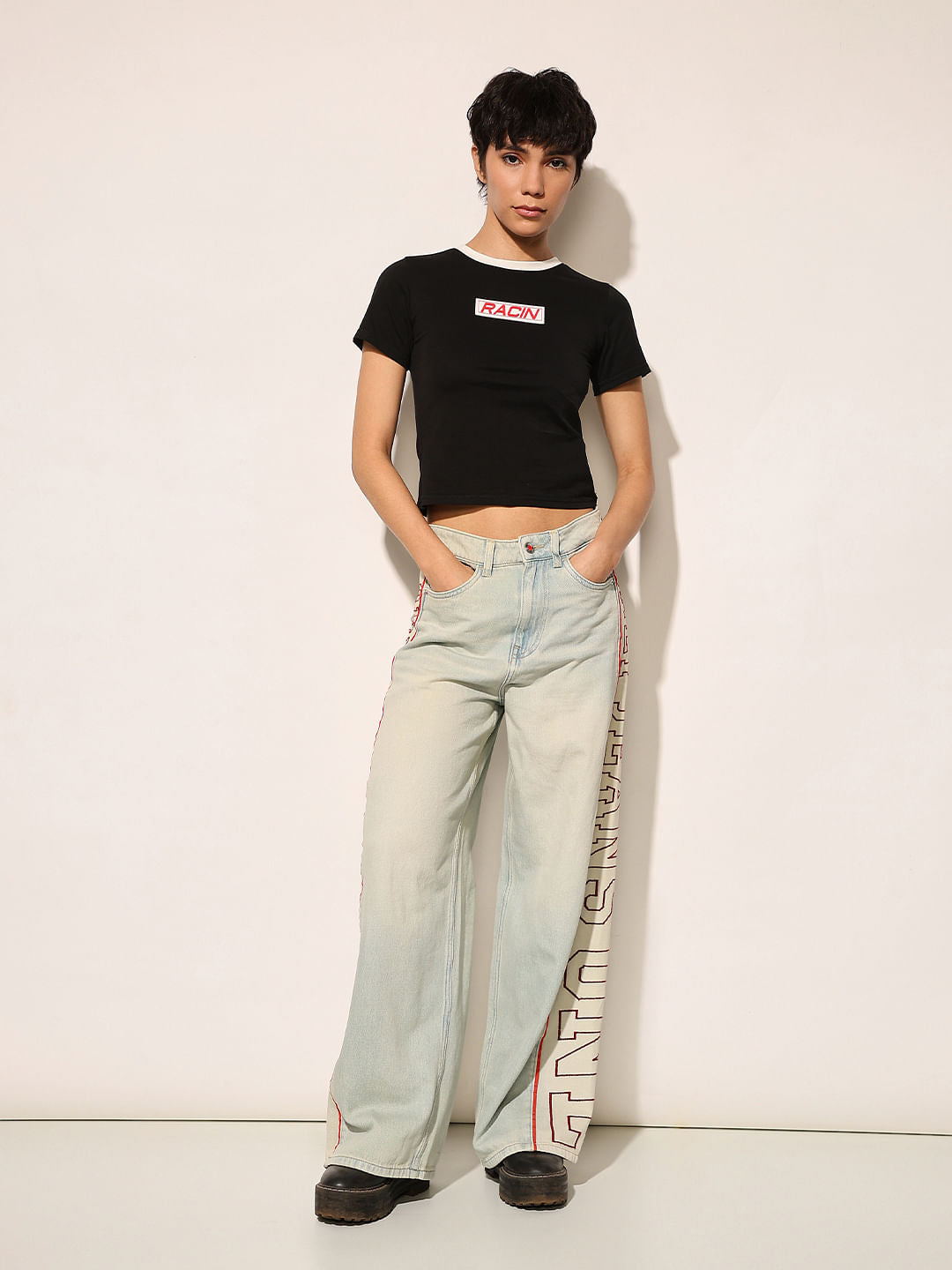 Black Printed Cropped T-Shirt