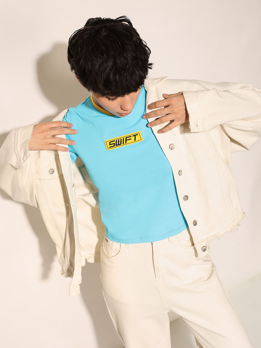 Blue Printed Cropped T-Shirt