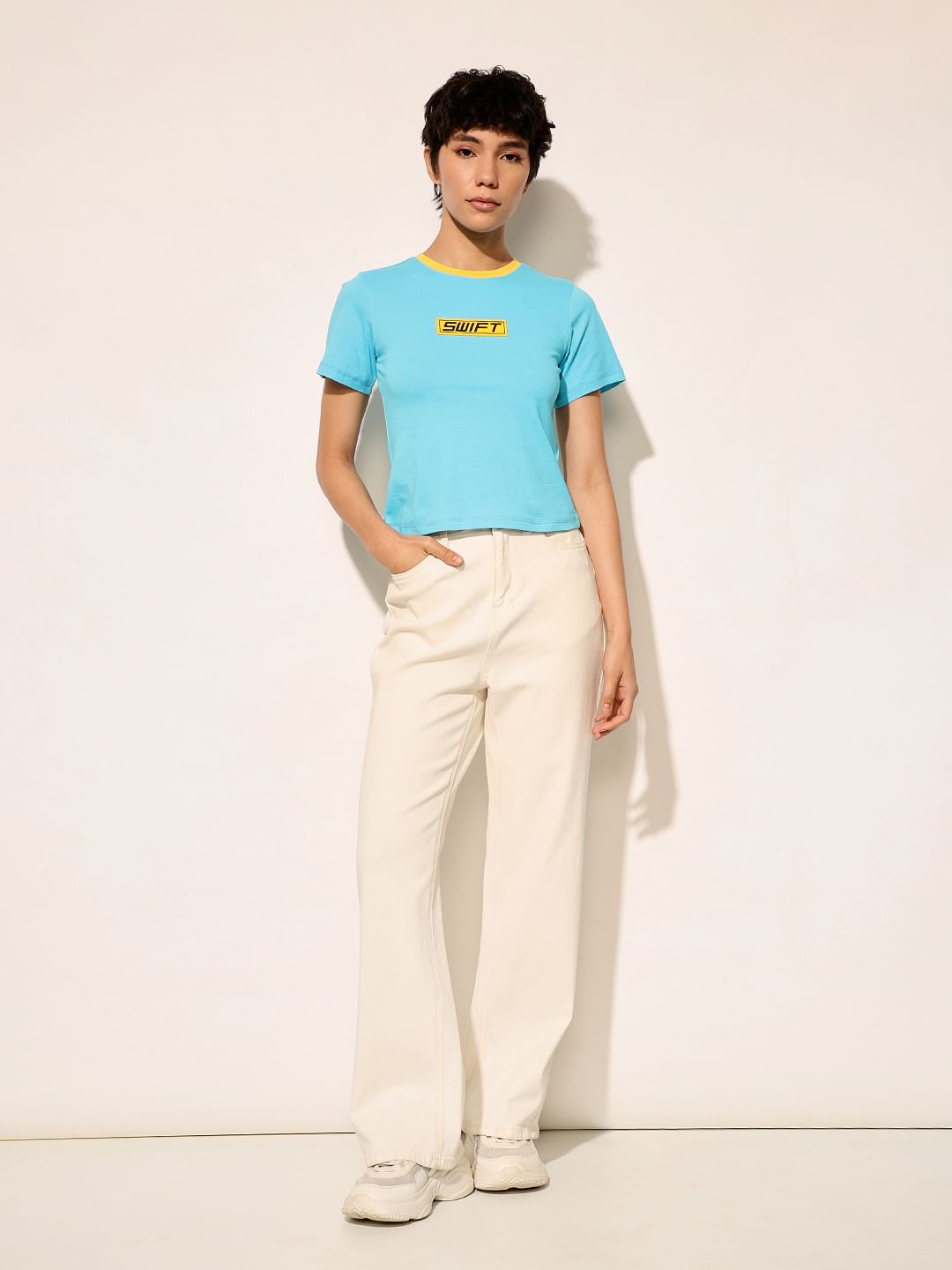 Blue Printed Cropped T-Shirt