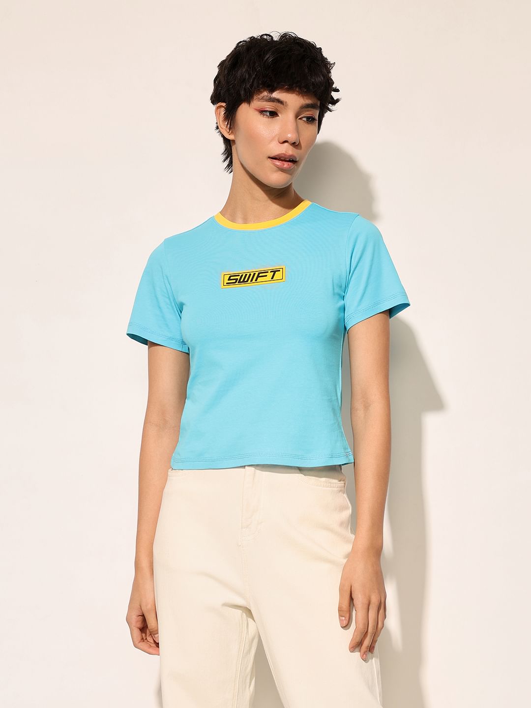 Blue Printed Cropped T-Shirt