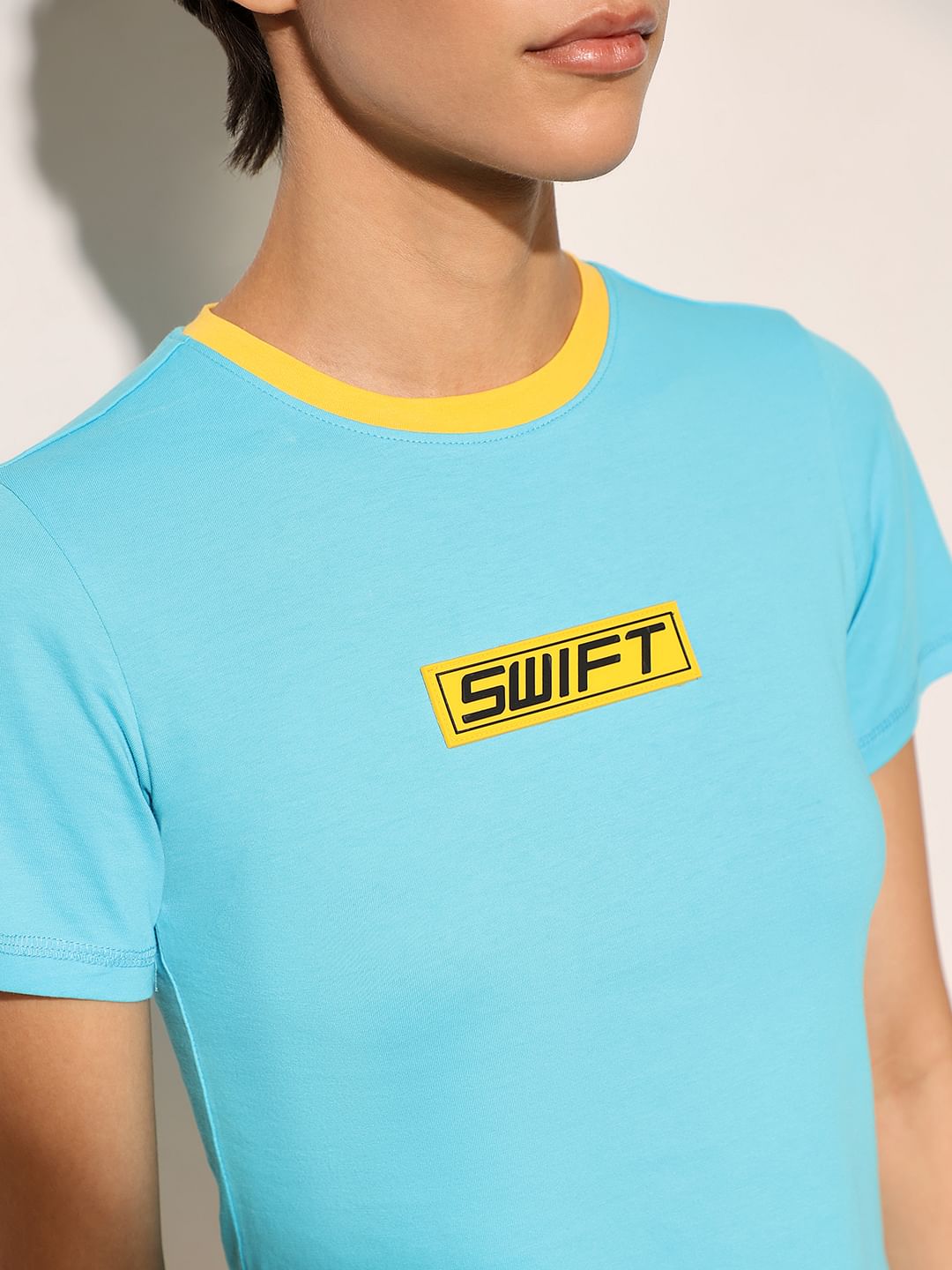 Blue Printed Cropped T-Shirt