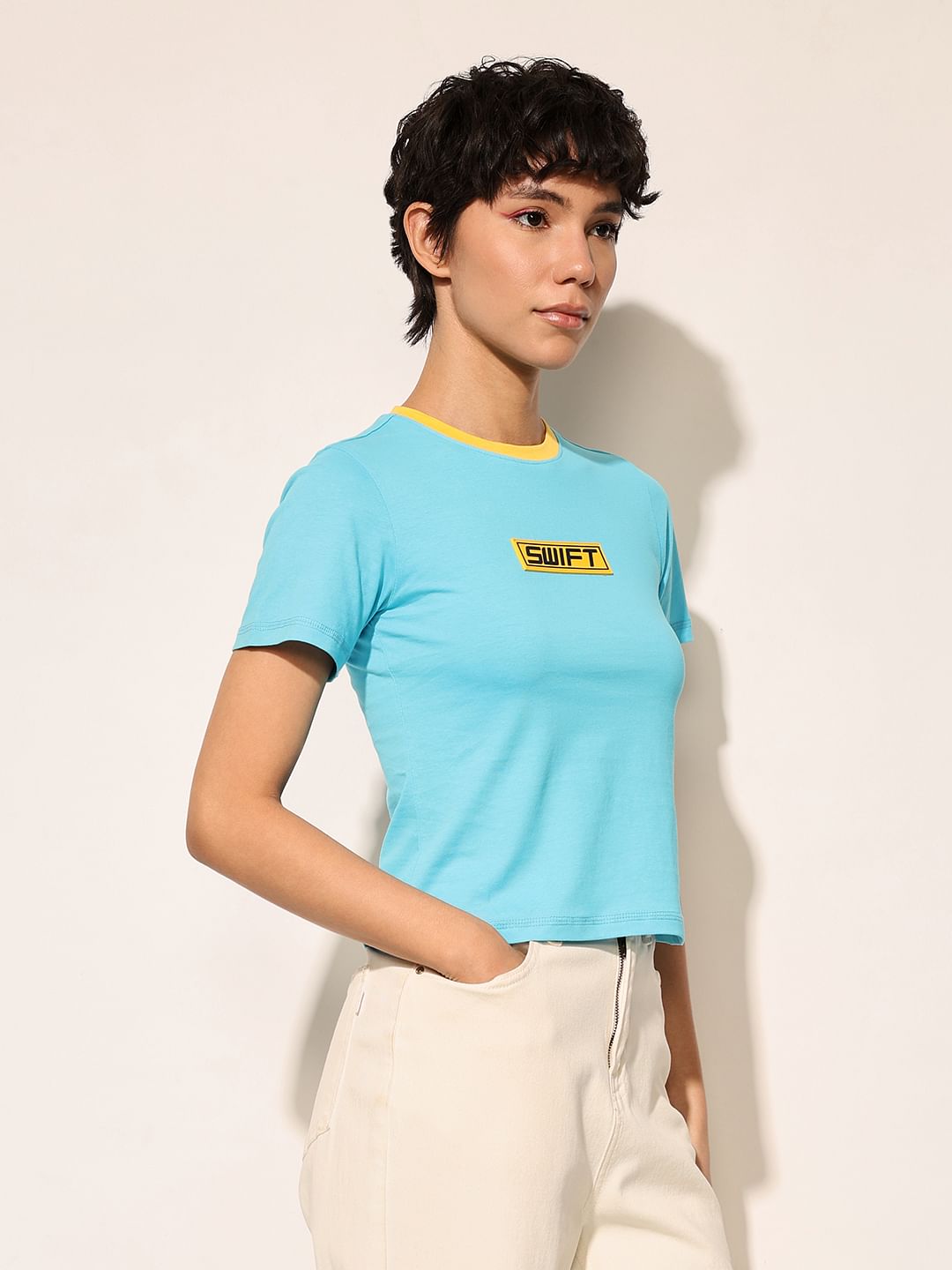 Blue Printed Cropped T-Shirt