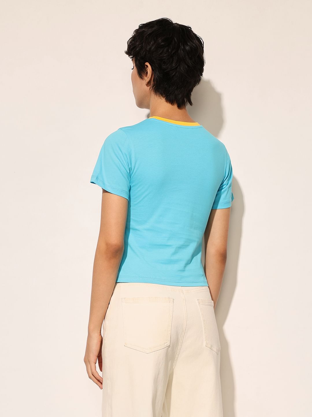 Blue Printed Cropped T-Shirt