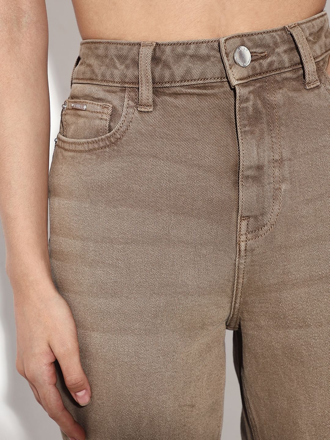 Tan High Rise Straight Fit Jeans