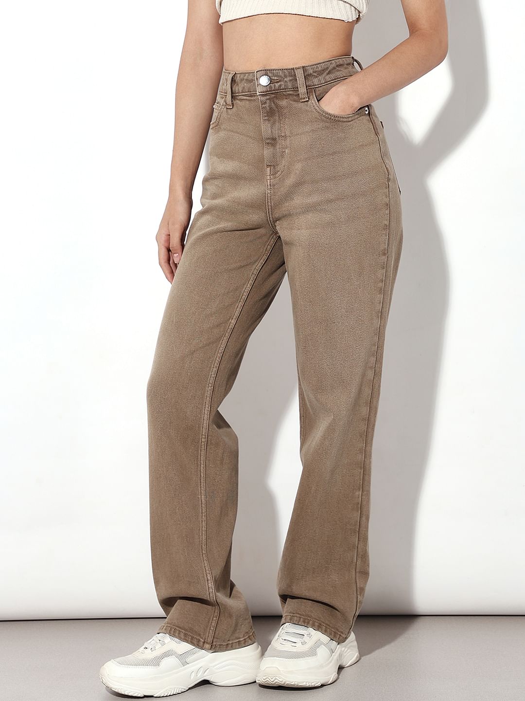 Tan High Rise Straight Fit Jeans