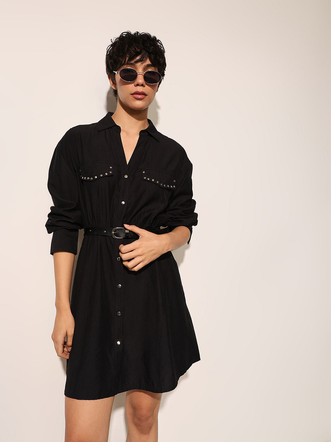 Black Studded Pockets Shirt Dress