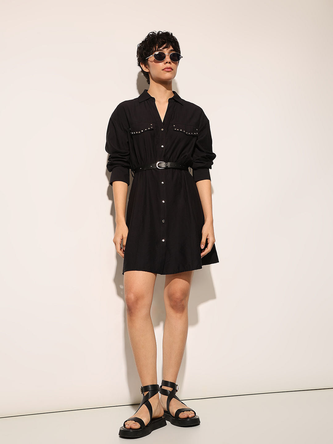Black Studded Pockets Shirt Dress