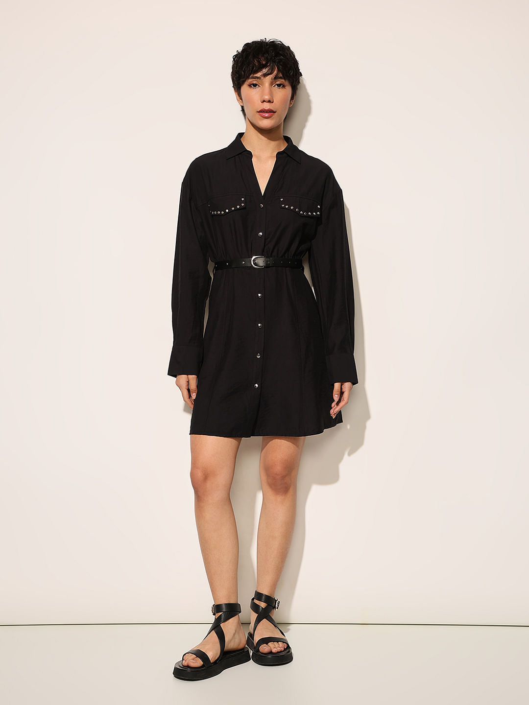 Black Studded Pockets Shirt Dress