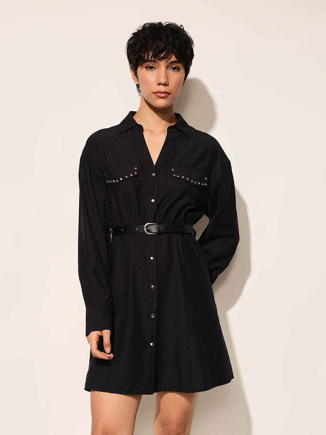 Black Studded Pockets Shirt Dress