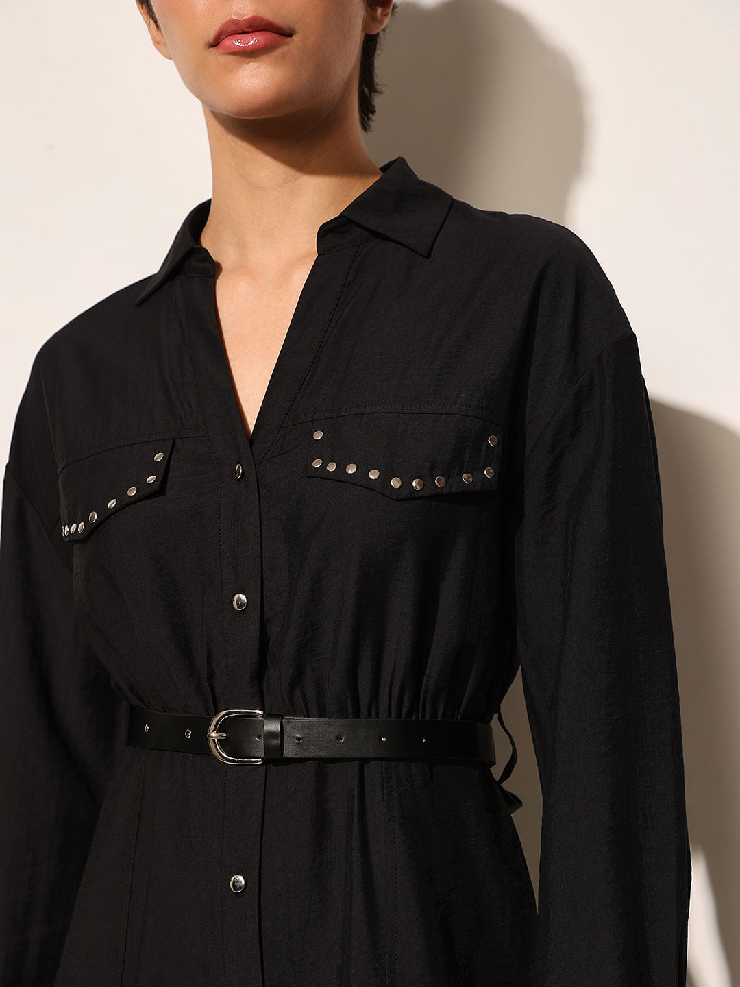 Black Studded Pockets Shirt Dress
