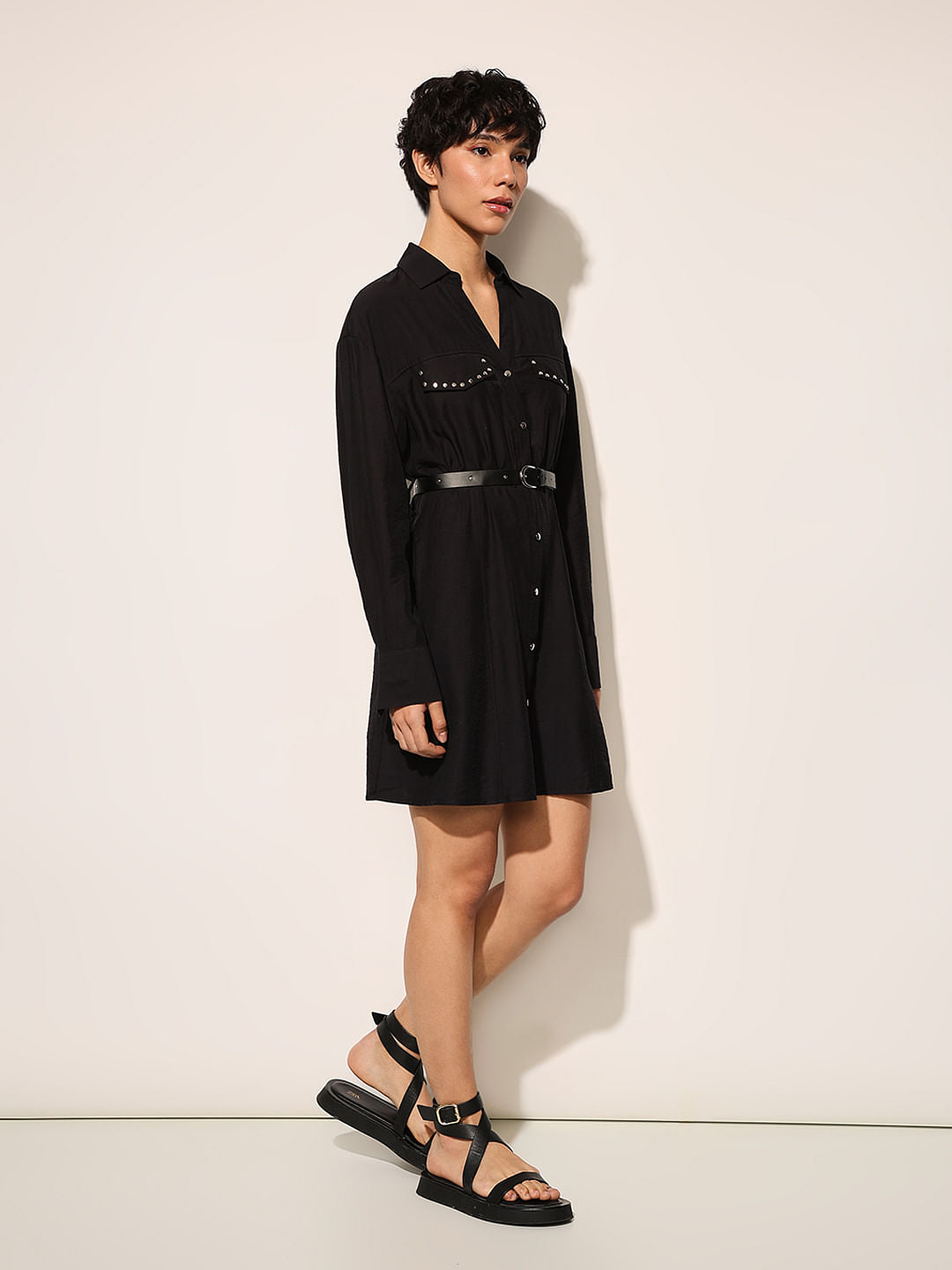Black Studded Pockets Shirt Dress