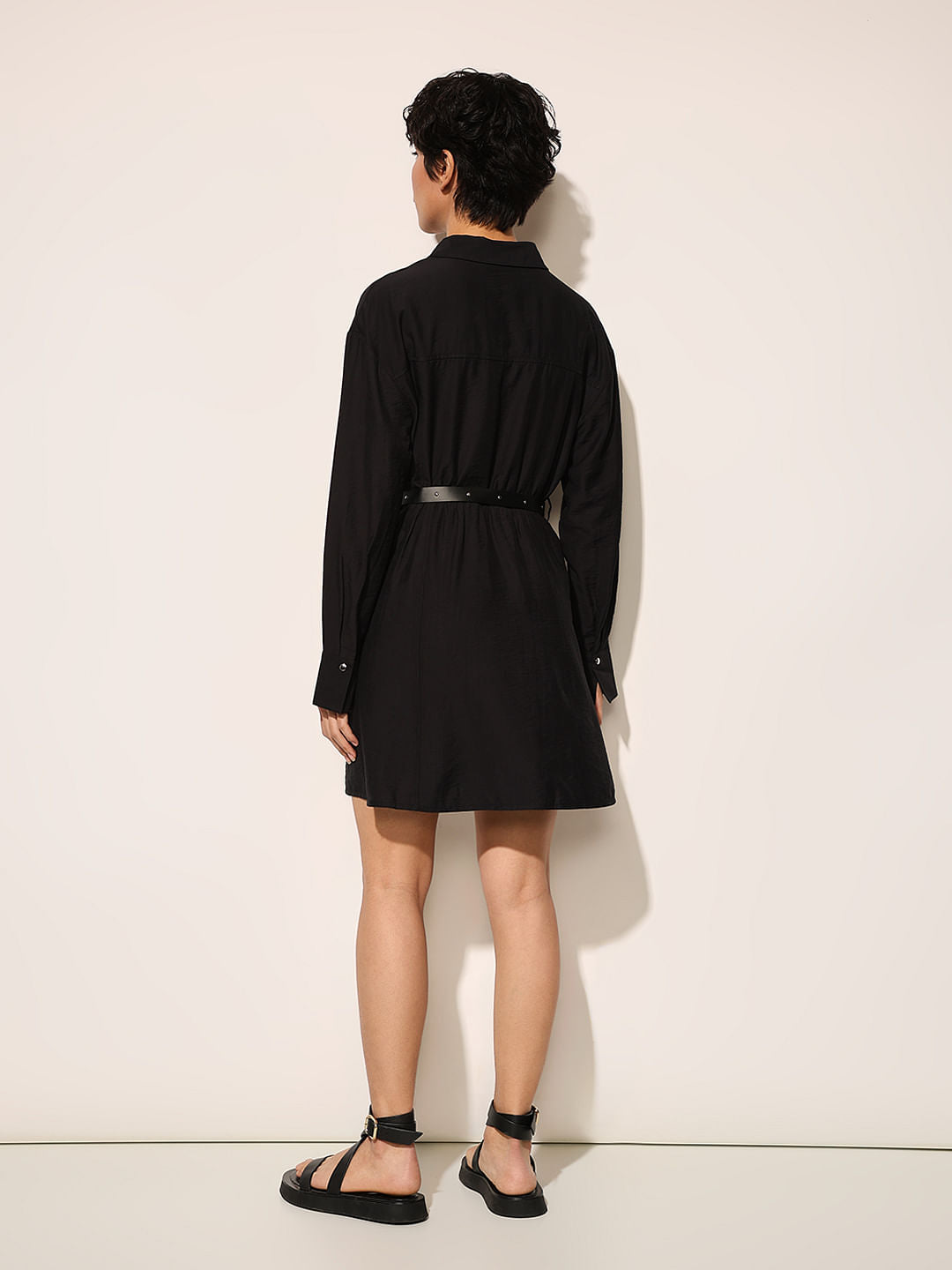 Black Studded Pockets Shirt Dress