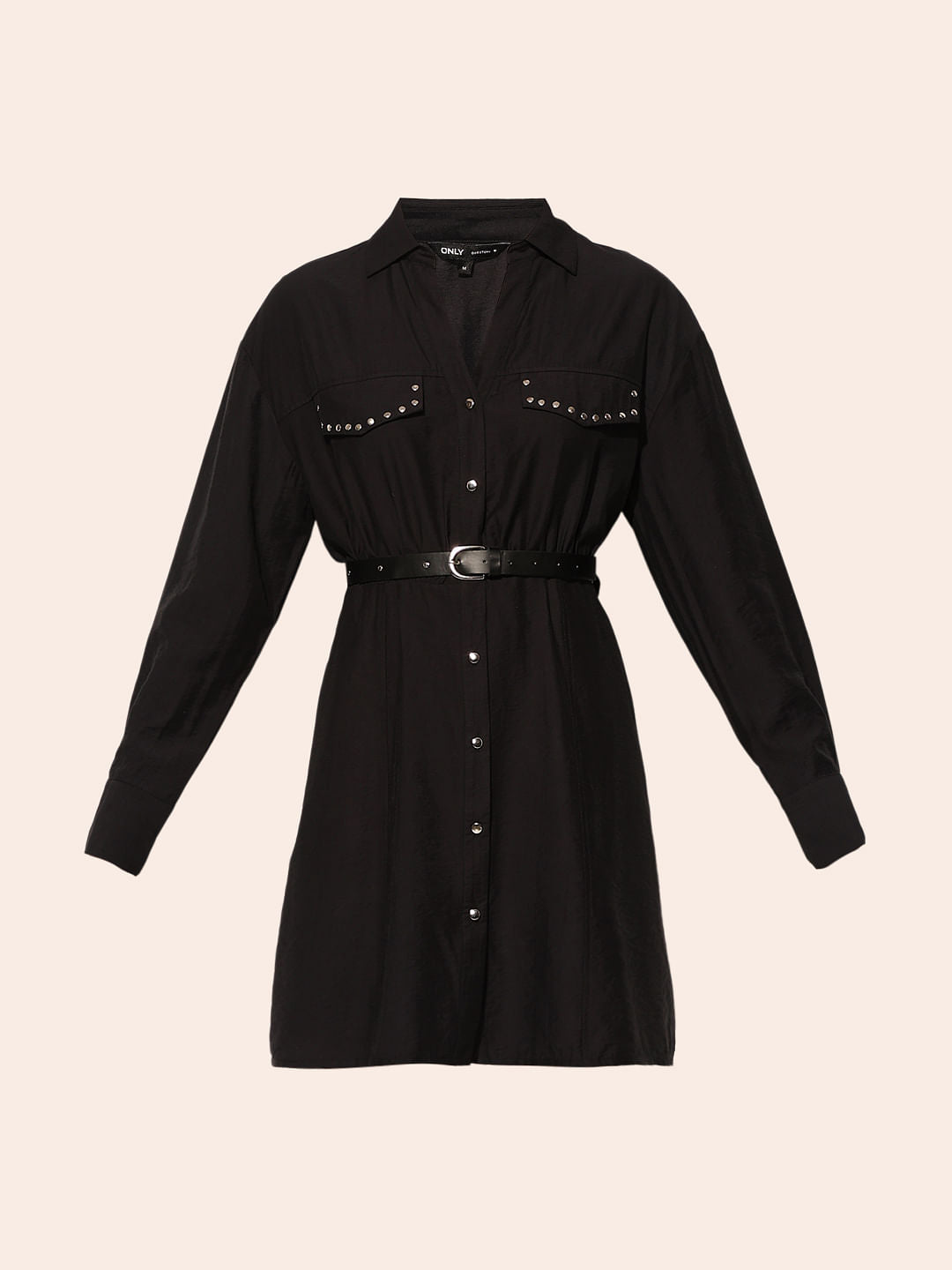 Black Studded Pockets Shirt Dress