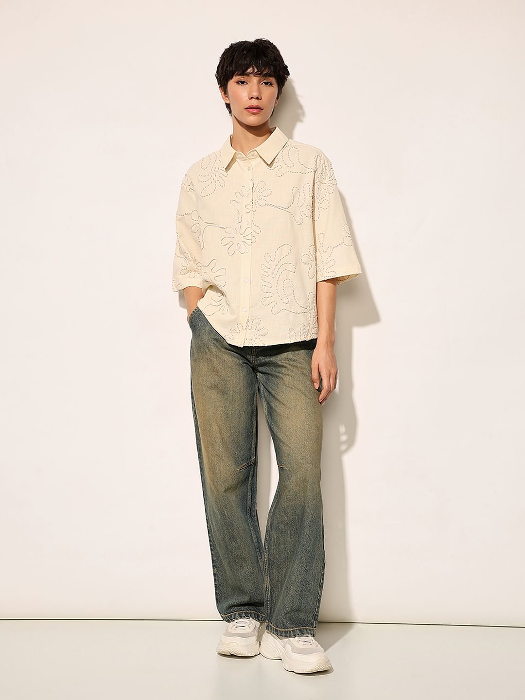 Beige Embroidered Cotton Shirt