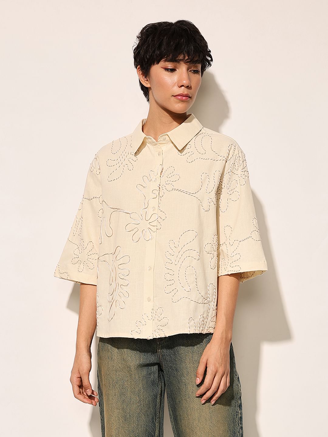 Beige Embroidered Cotton Shirt