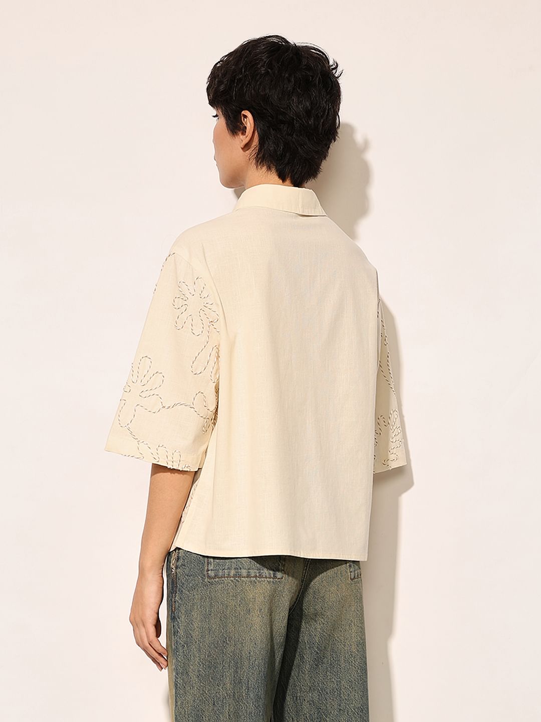 Beige Embroidered Cotton Shirt