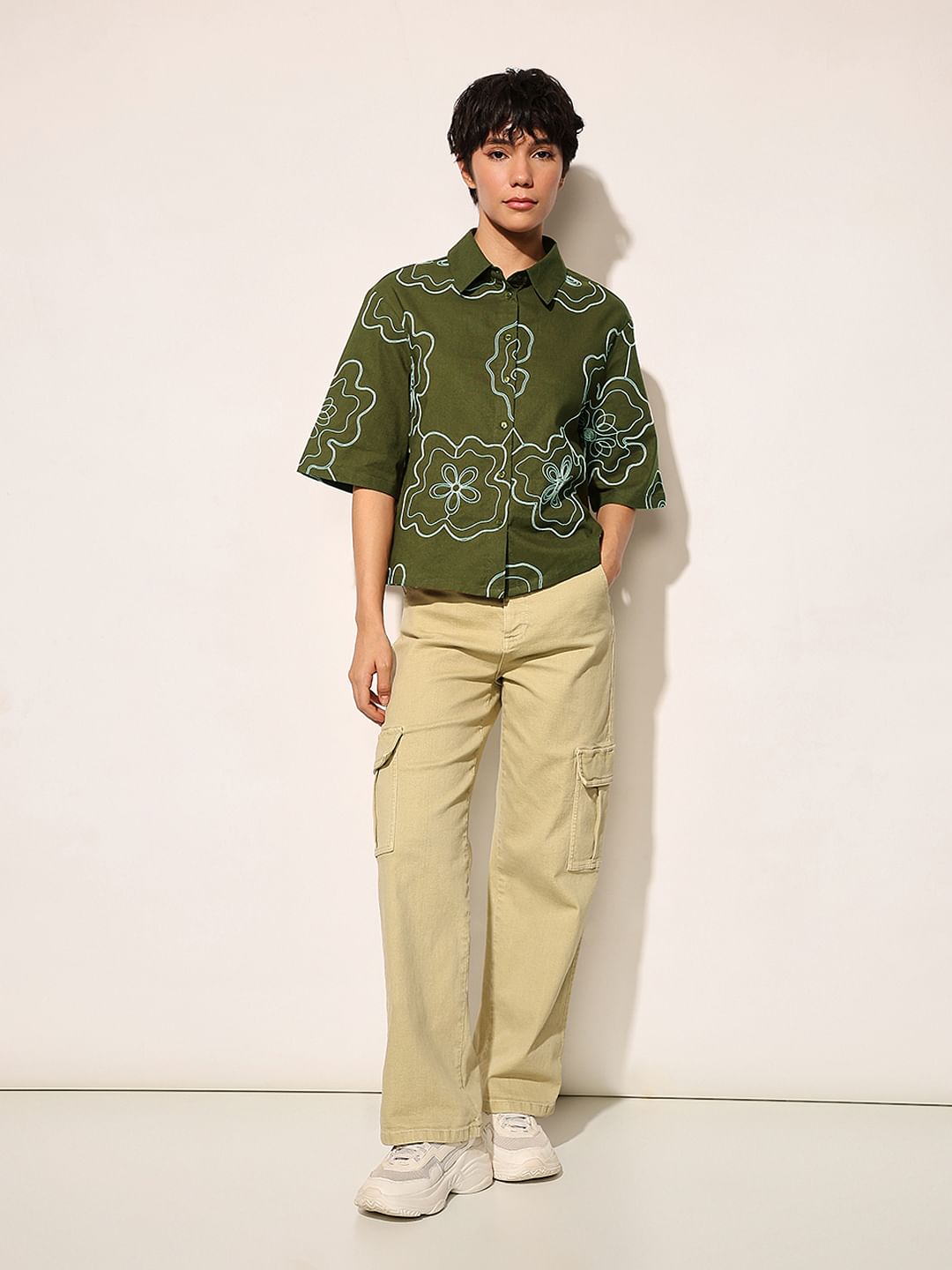 Olive Embroidered Cotton Shirt