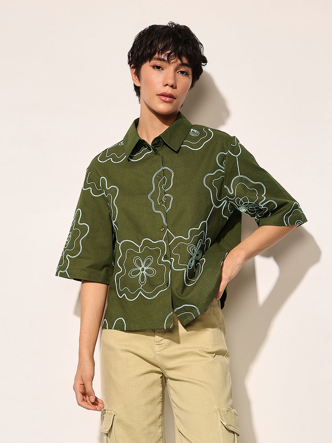 Olive Embroidered Cotton Shirt