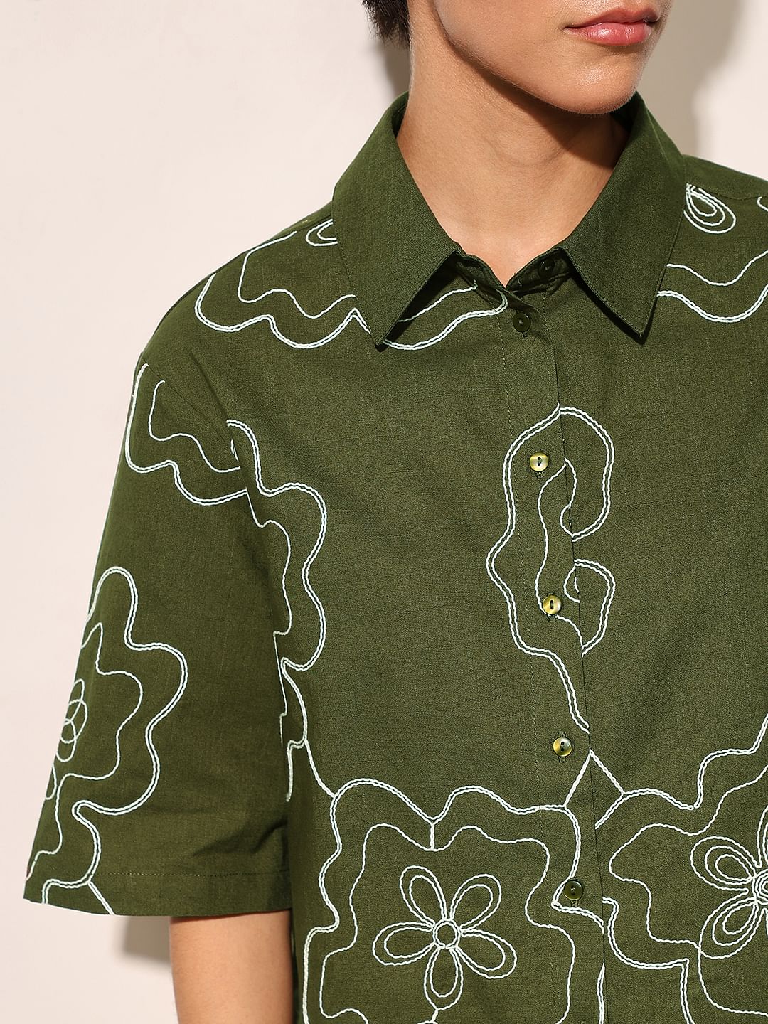 Olive Embroidered Cotton Shirt