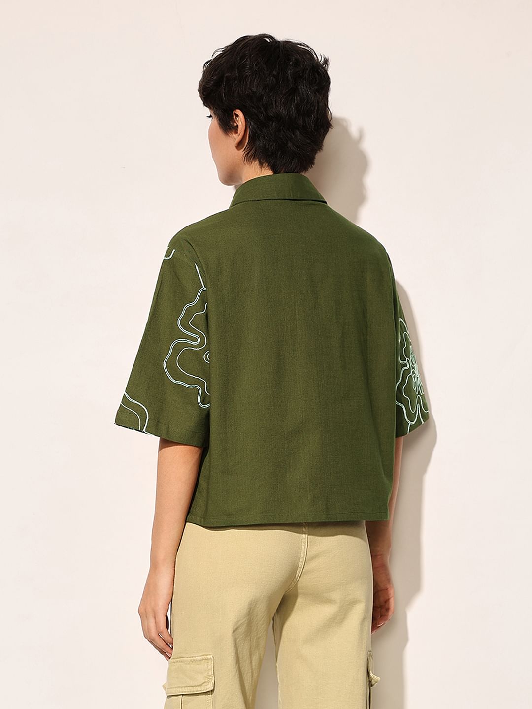 Olive Embroidered Cotton Shirt