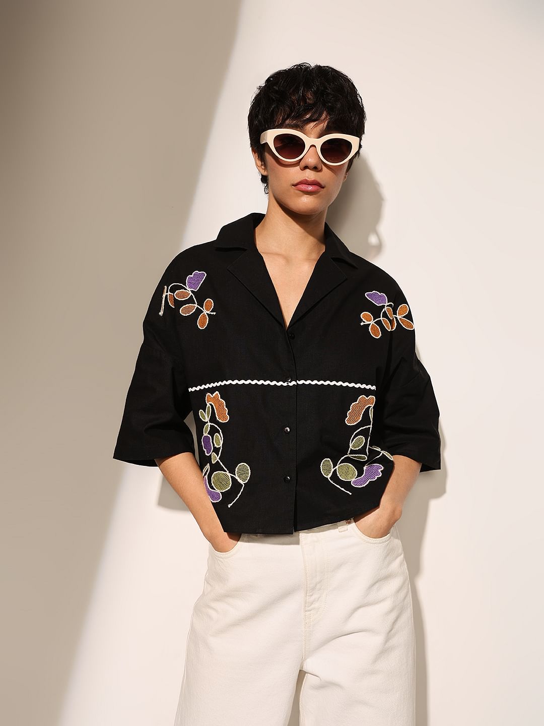 Black Embroidered Boxy Fit Shirt