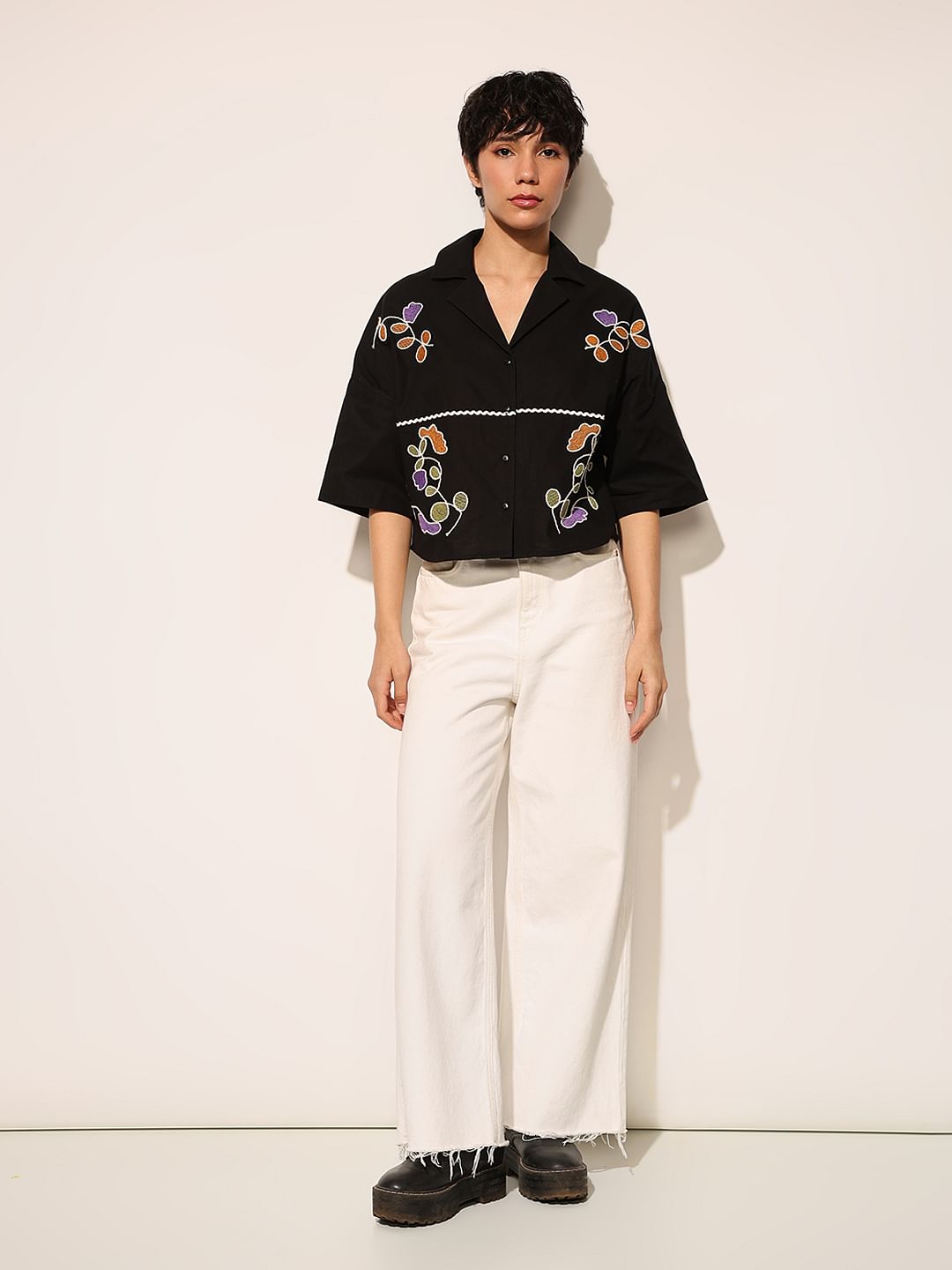 Black Embroidered Boxy Fit Shirt