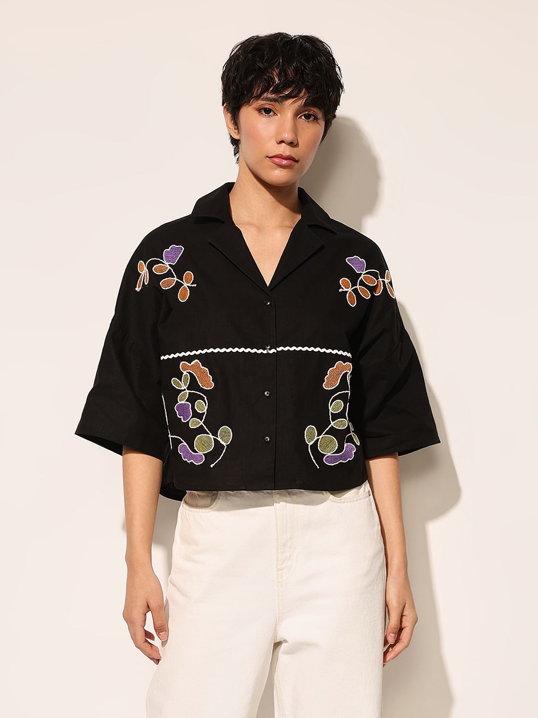 Black Embroidered Boxy Fit Shirt