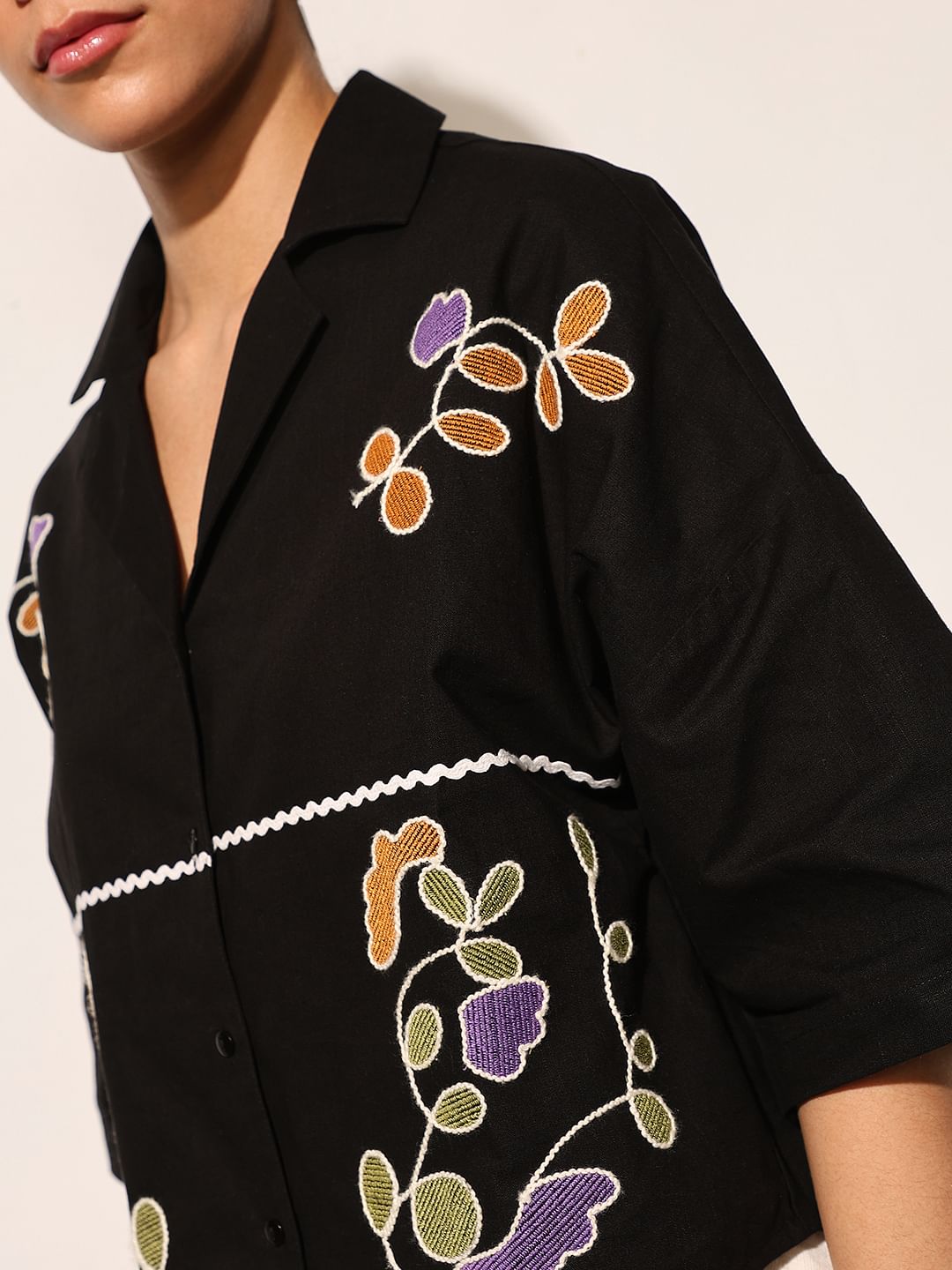 Black Embroidered Boxy Fit Shirt