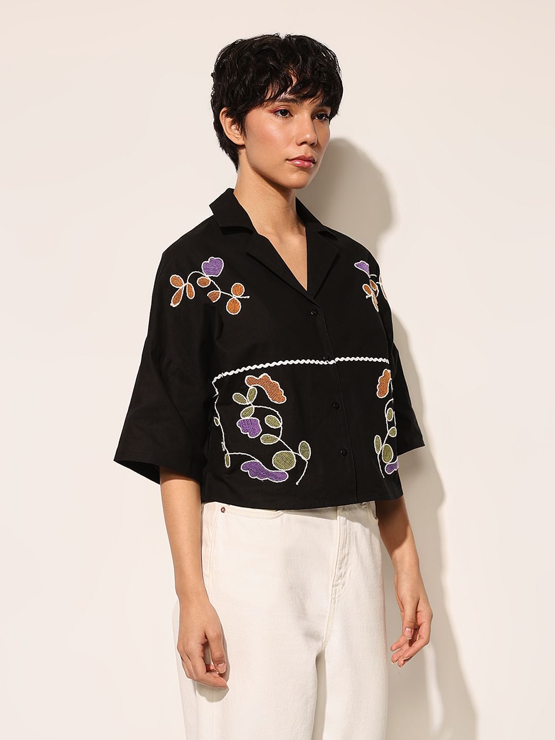 Black Embroidered Boxy Fit Shirt