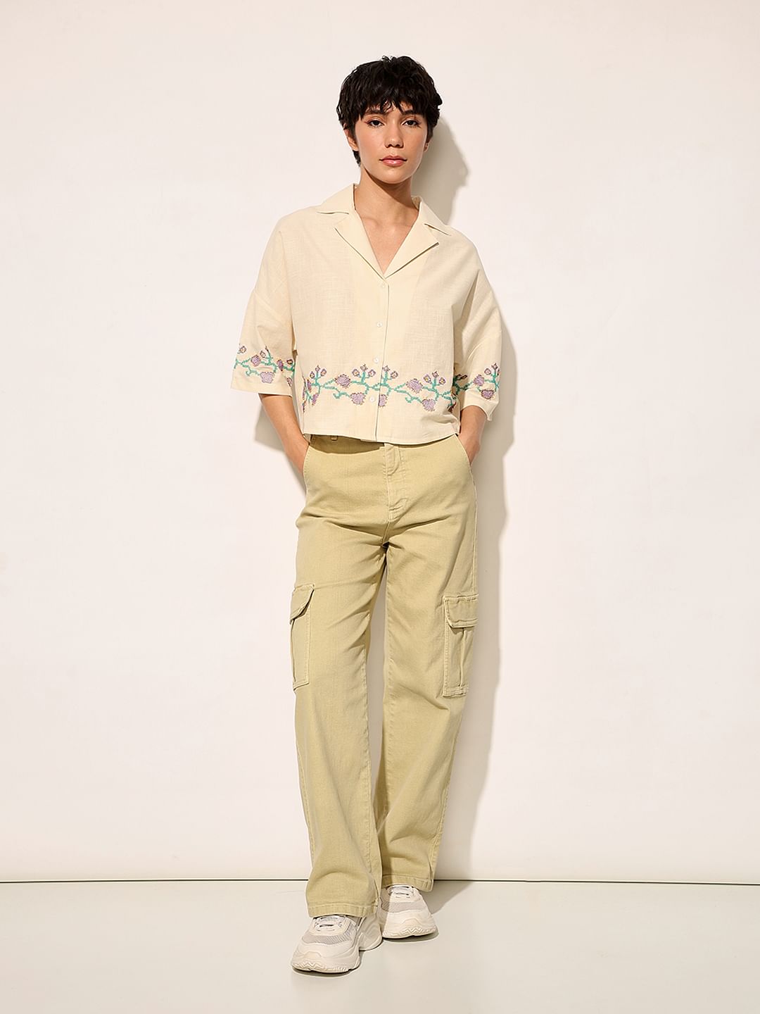 Beige Embroidered Boxy Fit Shirt