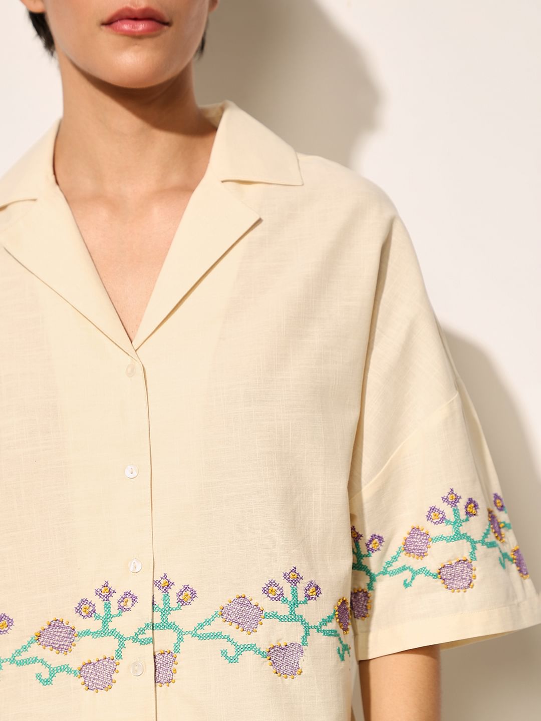Beige Embroidered Boxy Fit Shirt