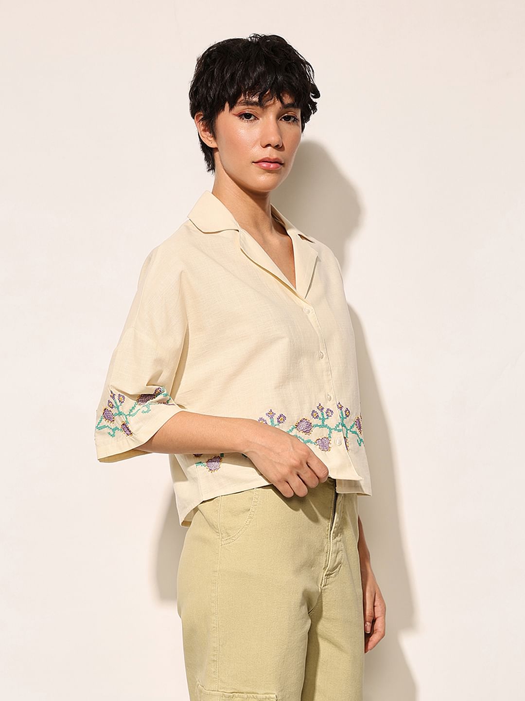 Beige Embroidered Boxy Fit Shirt