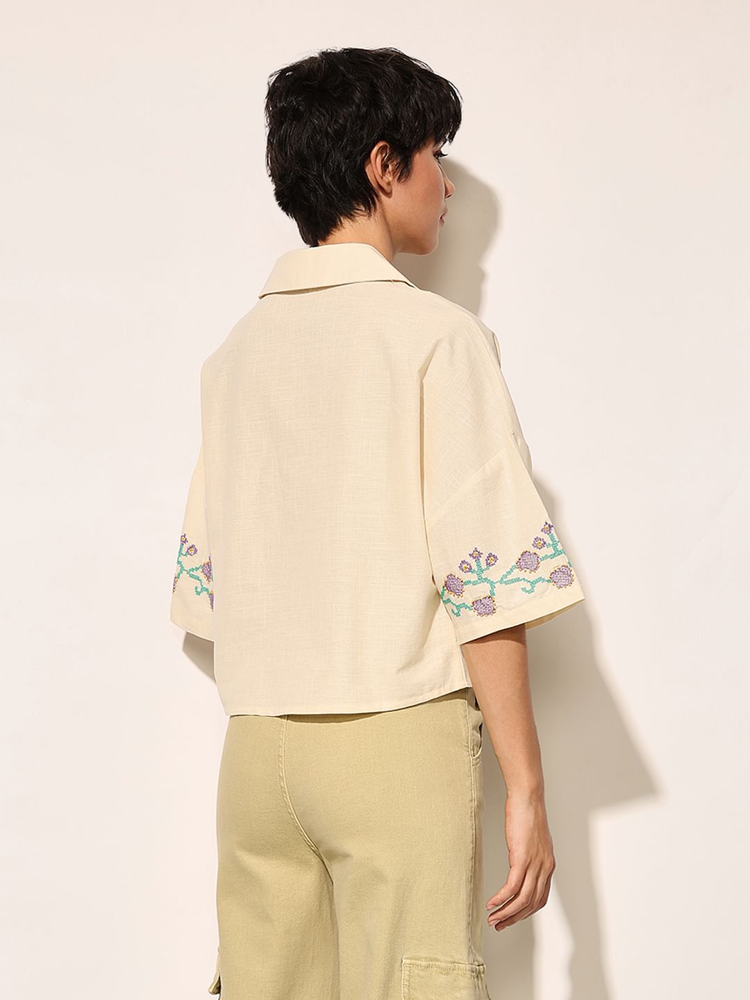 Beige Embroidered Boxy Fit Shirt
