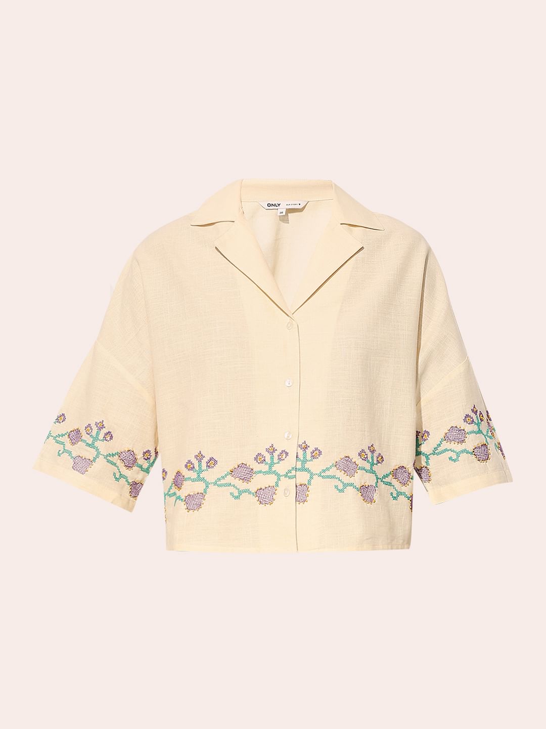 Beige Embroidered Boxy Fit Shirt