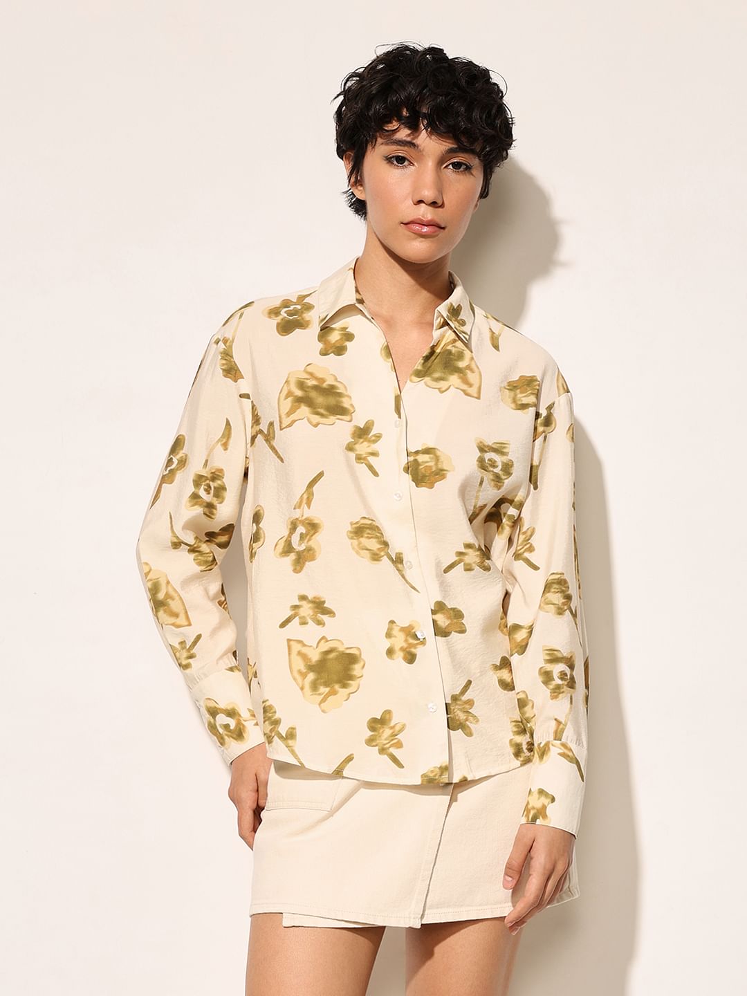 Beige Floral Print Shirt