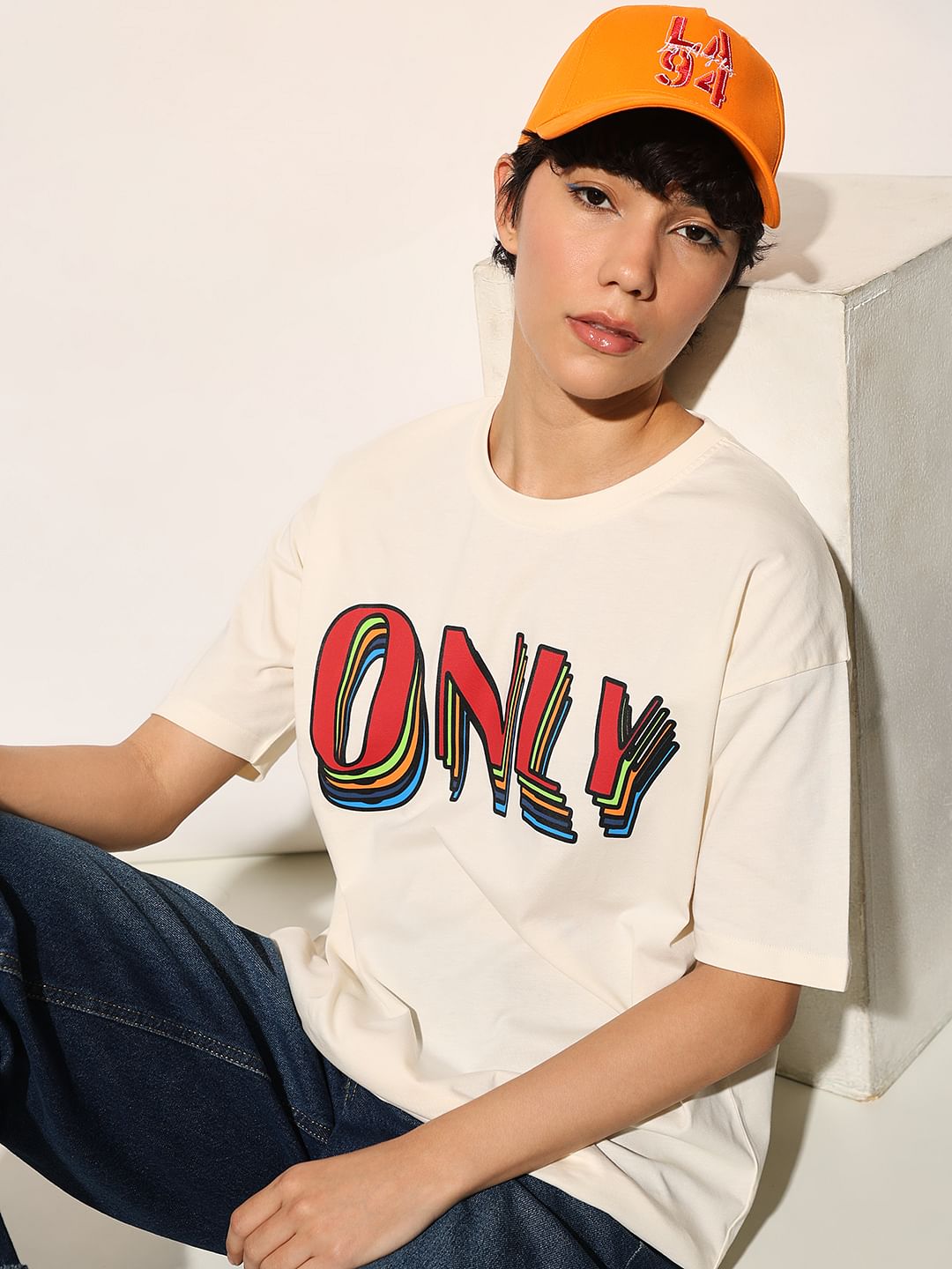 Cream Printed Cotton T-Shirt